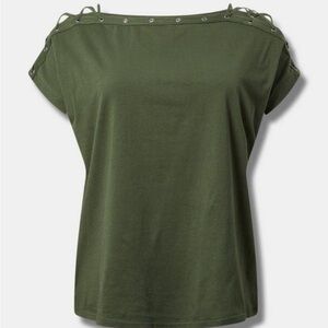 Torrid Lace up Dolman top in an olive green shade.  BNWT smoke free home